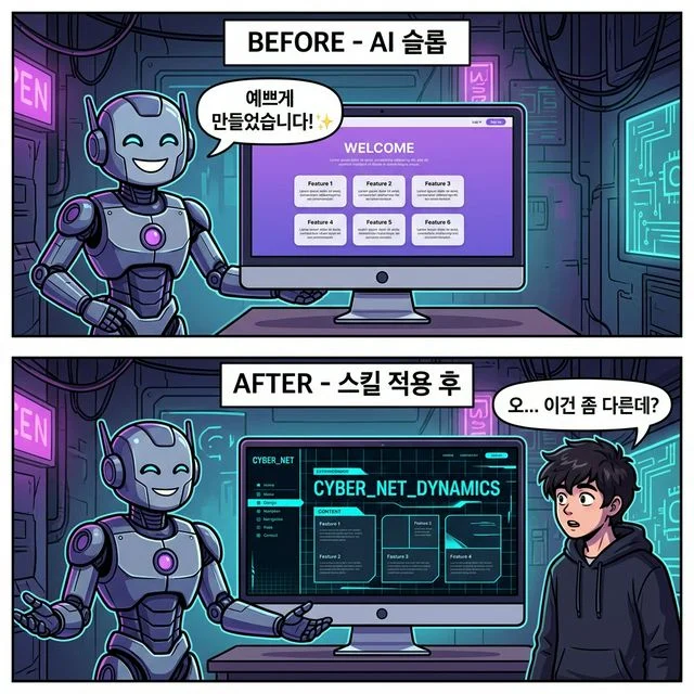 BEFORE: AI 슬롭 vs AFTER: 스킬 적용 후